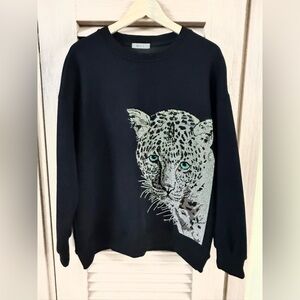 Luxury Unisex Leopard Sparkling Rhinestone Cotton Black Jacket Sweatshirt L-Xl